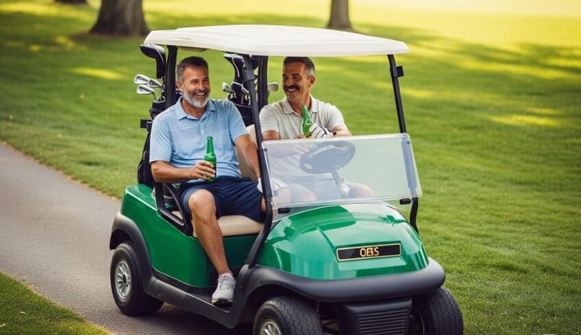 Two men drinking beers in a golf cart, symbolizing the dangers of drinking while driving golf carts.