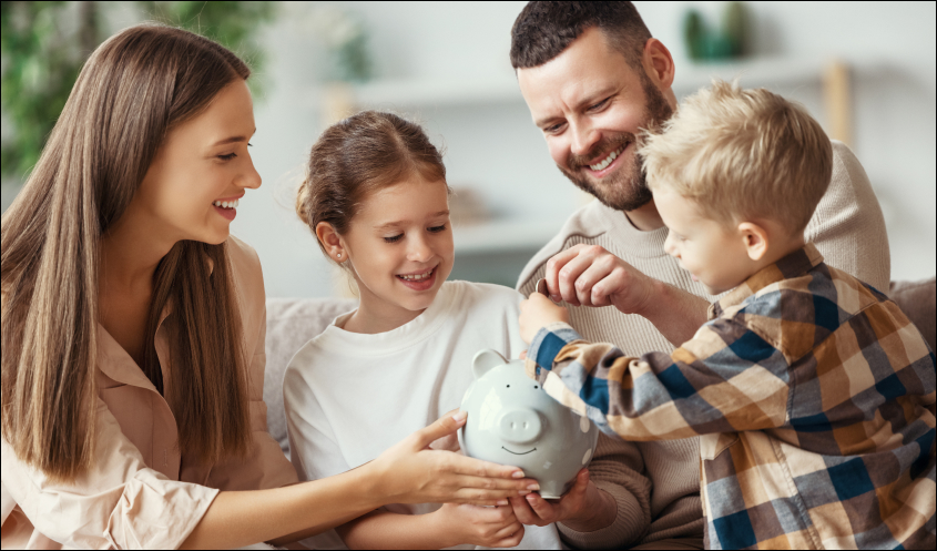 Family saving money for children's future