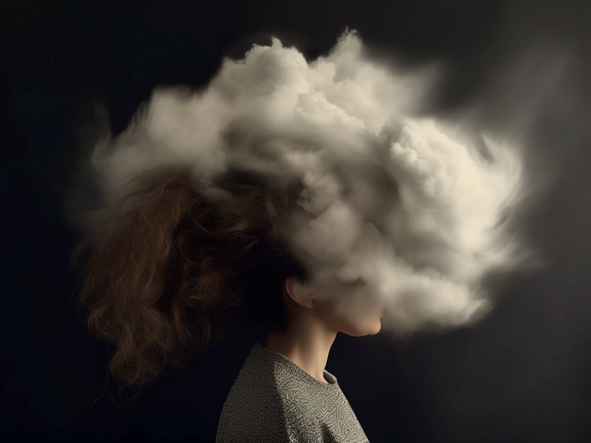 image of a white woman whose head is encased in dense gray fog to symbolize brain fog from TBI