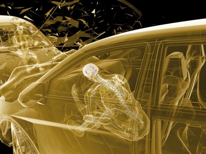 illustrated visualization of what happens to a skeleton in a head-on car collision