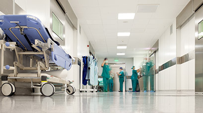 Medical staff in a hospital hallway