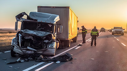 Semi trailer on a highway with a crushed front end